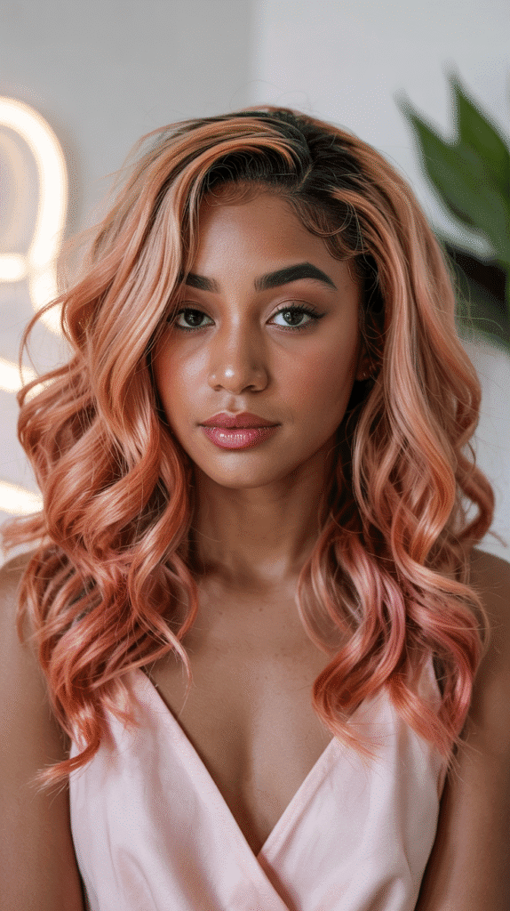 Peach Ombre Loose Curls Side Part