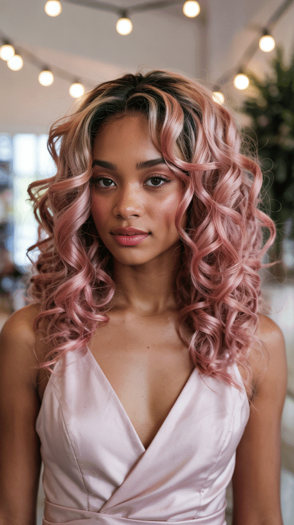 Romantic Rose Gold Curls with Side Sweep