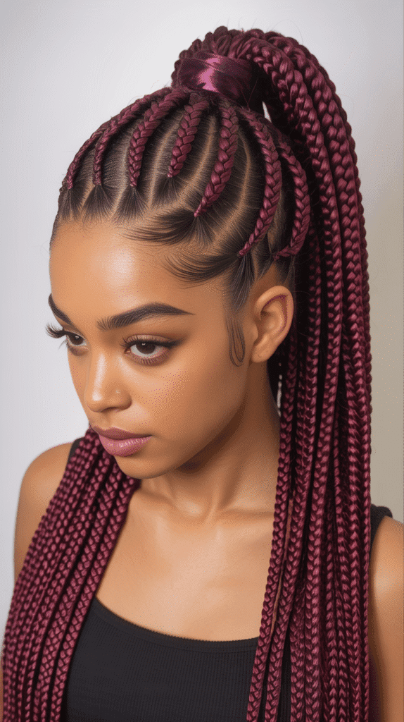 Burgundy Wine Box Braids Ponytail