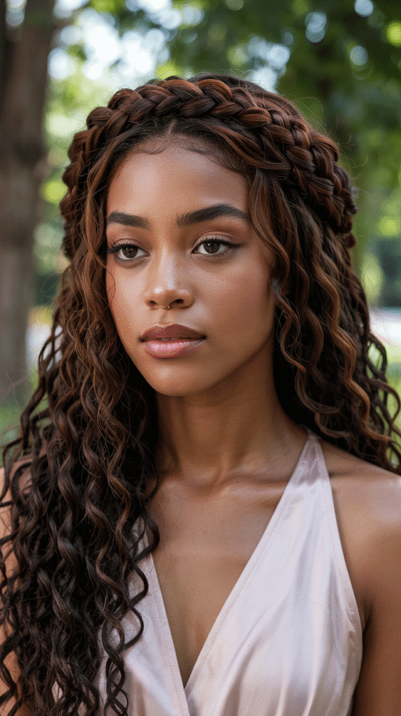 Chocolate Brown Braided Halo with Curls