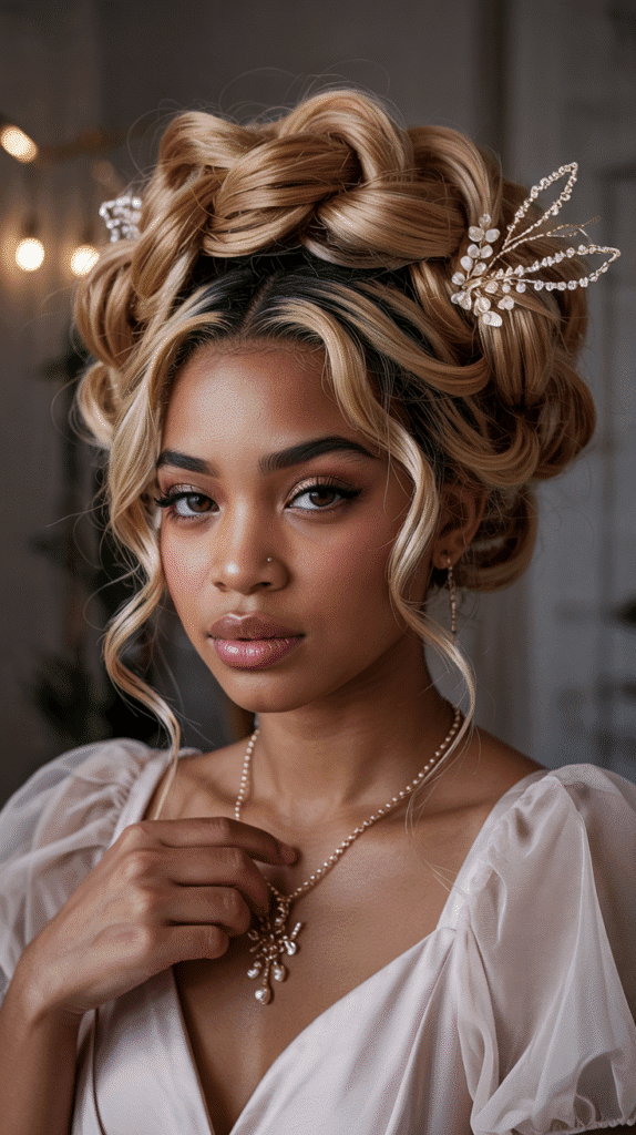 Golden Blonde Twisted Updo with Accessories