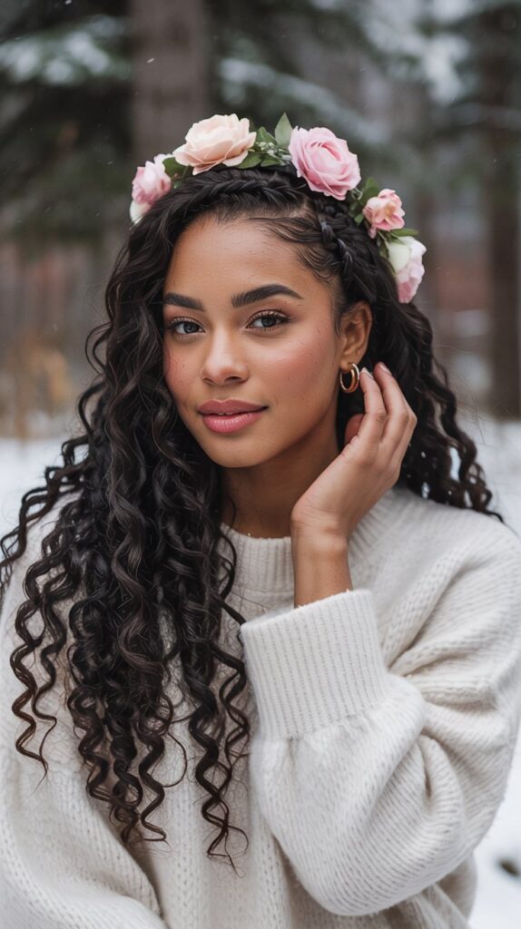 27 Chic Cute Winter Hairstyles for Black Women 13 Crown Braid with Loose Curls