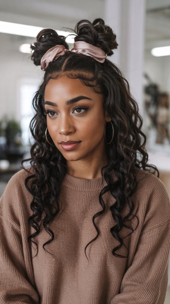 27 Chic Cute Winter Hairstyles for Black Women 26 Half-Up, Half-Down with Bantu Knot Top