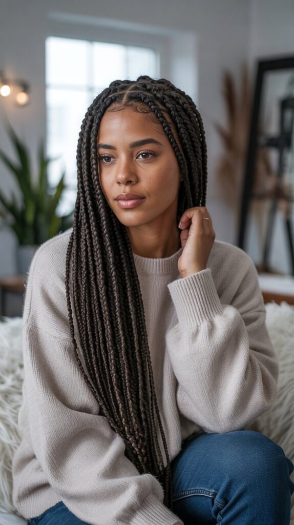 27 Chic Cute Winter Hairstyles for Black Women 17 Knotless Box Braids