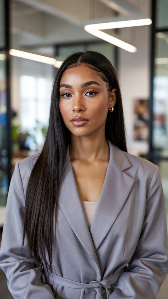 27 Chic Cute Winter Hairstyles for Black Women 14 Straight Middle Part Sew-In