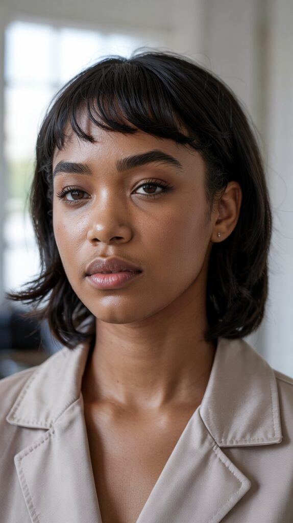 33 Flattering Low Cut Styles for Black Women with Round Faces 15 Caesar Cut with Forward Fringe