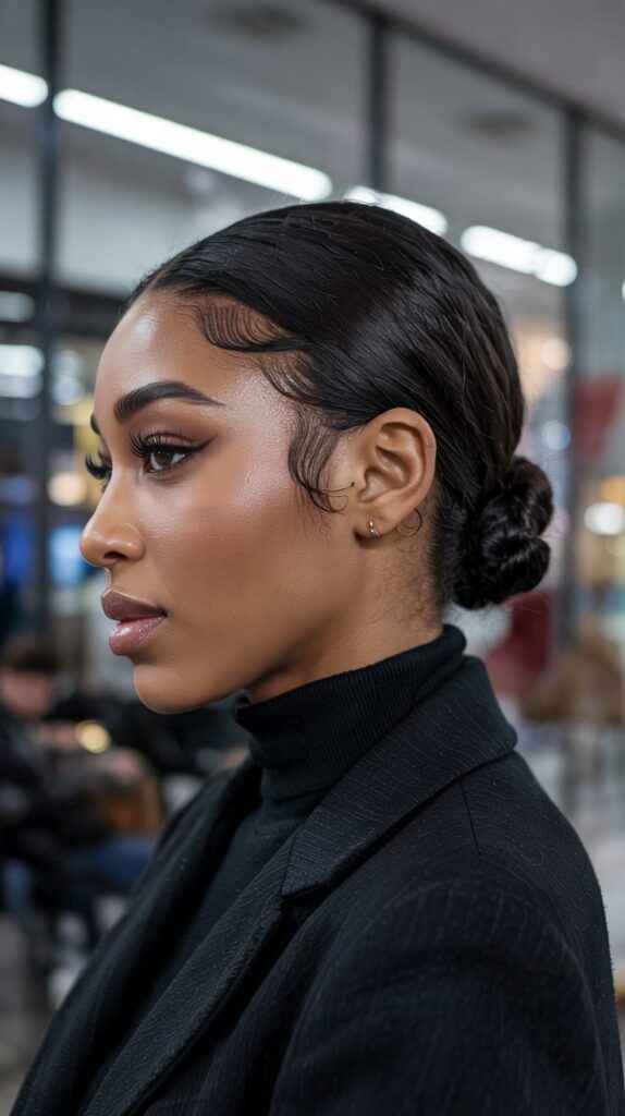 27 Chic Cute Winter Hairstyles for Black Women 2 . Sleek Low Bun with Baby Hairs