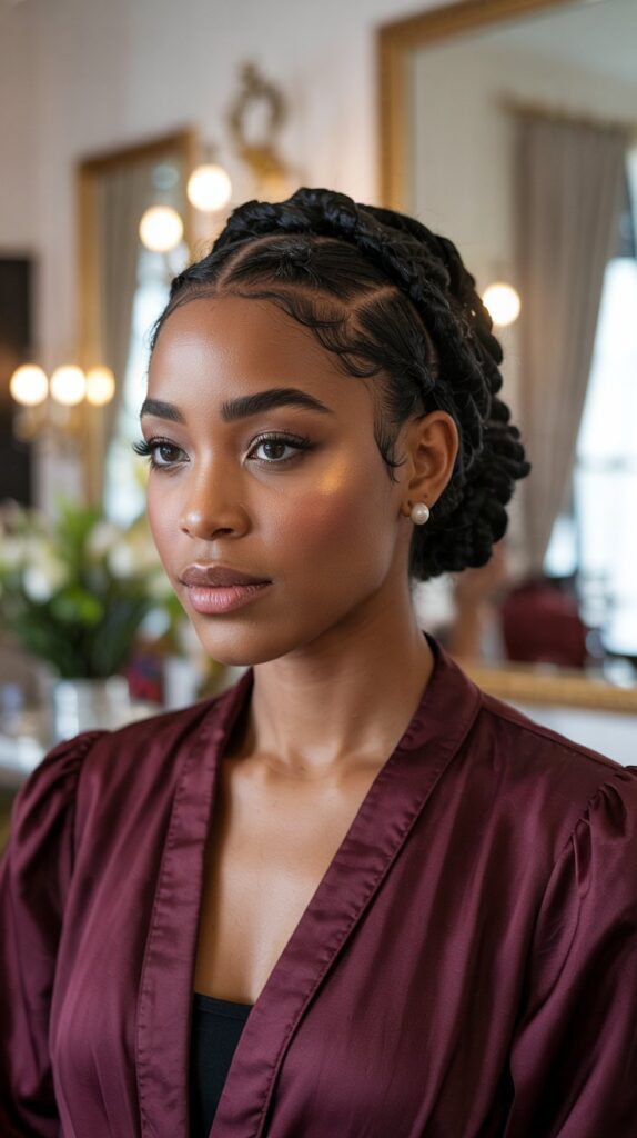 27 Chic Cute Winter Hairstyles for Black Women 18 Twisted Crown with Bun