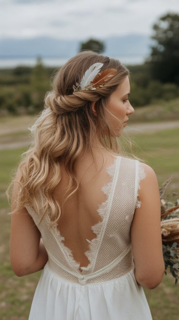 30+ Half-Up, Half-Down Wedding Hairstyles That Will Take Your Wedding Look to the Next Level 25 Half-Up with Feather Accessories