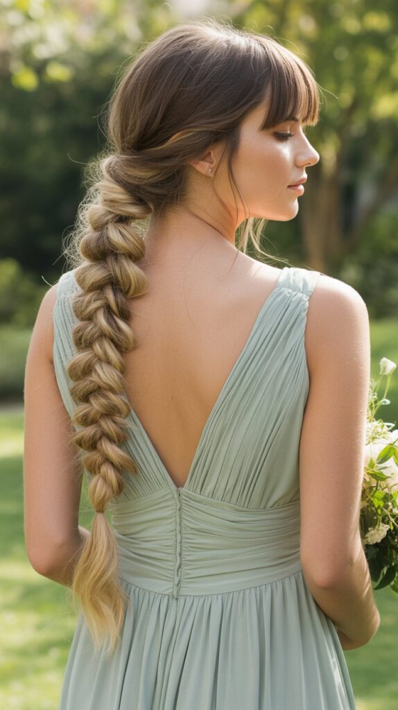 30+ Classy Bridesmaid Updo Hairstyles with Bangs 10 Braided Low Ponytail with Curtain Bangs