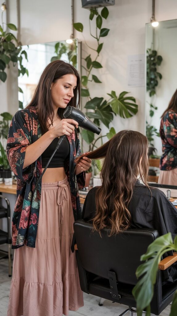 33 Polished Summer Hairstylist Outfits for Work 26 High-Waisted Skirt with Crop Top and Kimono Layer