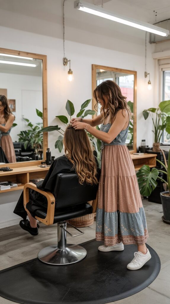 33 Polished Summer Hairstylist Outfits for Work 33 Tiered Maxi Dress with Sneakers