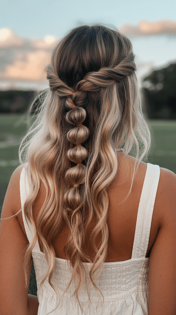 30 Trendy Half-Up Half-Down Hairstyles for HoCo 2025 15 Knotted Half-Up