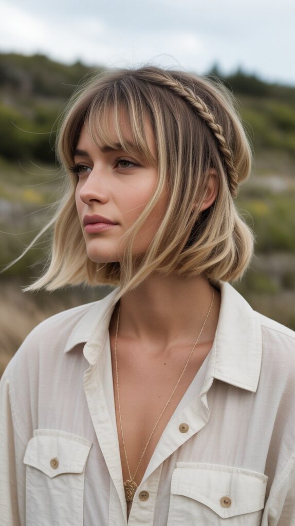  Long Bob with Curtain Bangs and Braided Details