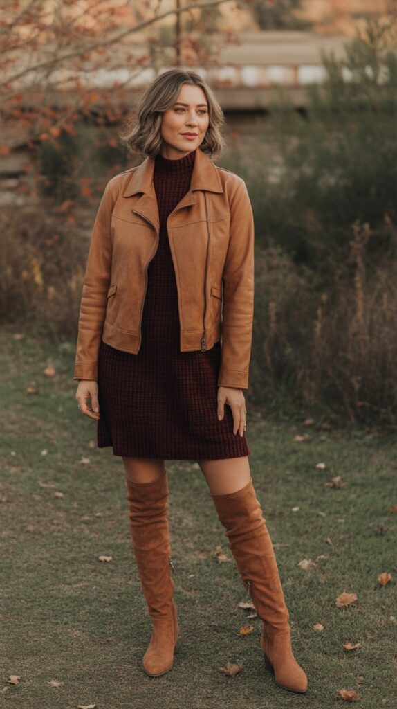 30 Best Casual Fall Outfits for Women 2025 24 Suede Jacket with Knit Dress and Tall Boots
