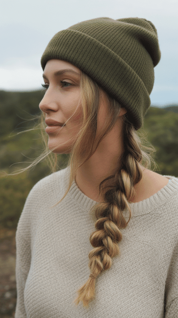 33 Cozy Cute Winter Hairstyles with Beanies 10 Loose Fishtail Braid with Beanie