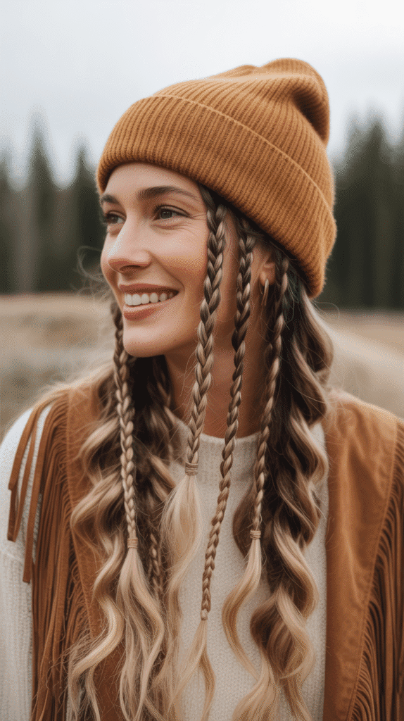 33 Cozy Cute Winter Hairstyles with Beanies 20 Multiple Mini Braids with Slouchy Beanie