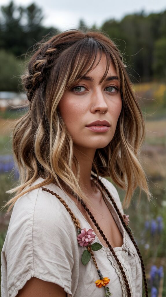 Long Bob with Curtain Bangs and Braided Details