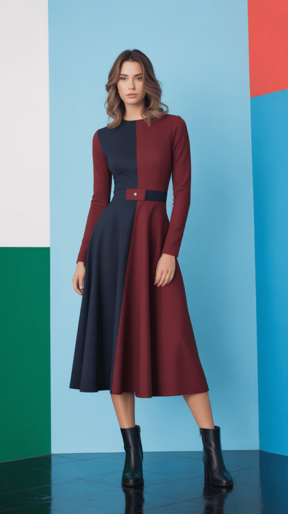 24 Elegant Winter Dress Outfits for Women for Every Occasion 23 Color-Block Dress with Neutral Accessories