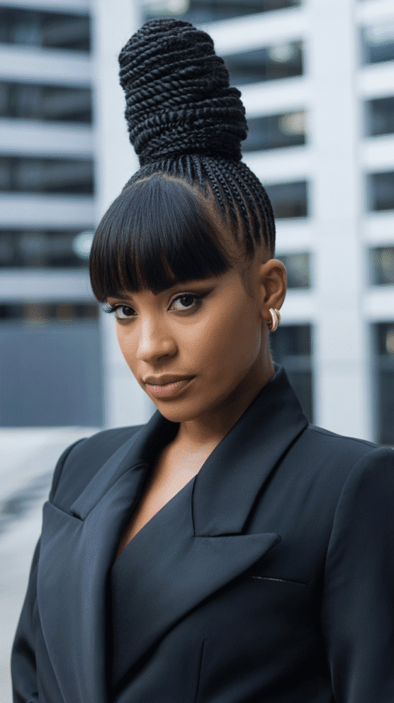 30+ Classy Bridesmaid Updo Hairstyles with Bangs 24 Twisted Top Knot with Blunt Bangs