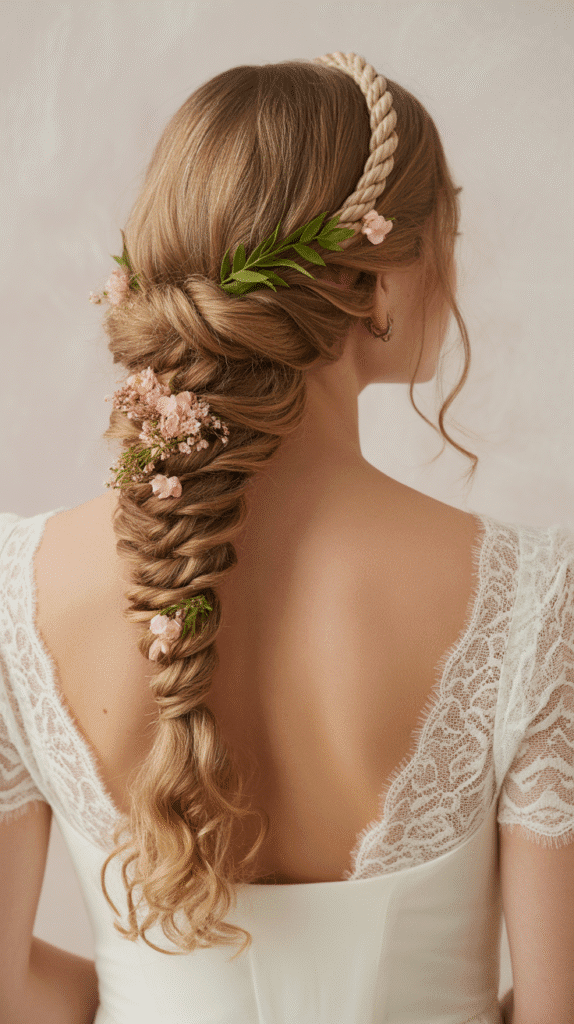 Best 30+ Wedding Hairstyles for Long Curly Hair 9 Twisted Crown with Flowing Curls