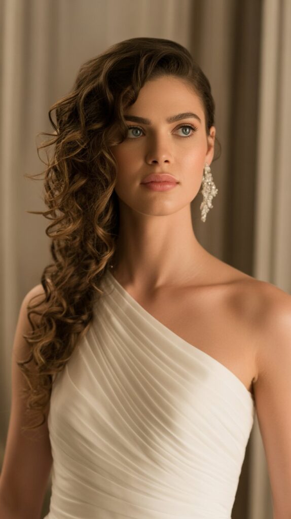 Asymmetrical Side Swept Curls