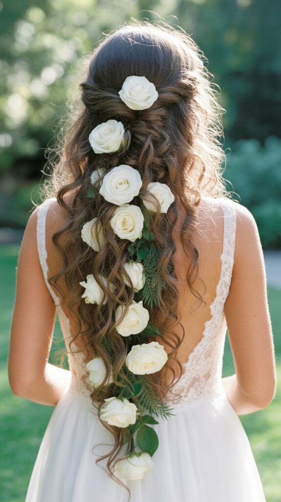 Cascading Curls with Fresh Flowers