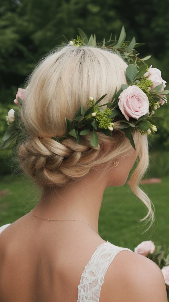 30+ Romantic Bridesmaid Updo Hairstyles with Braid 31 Braided Bun with Floral Crown Integration