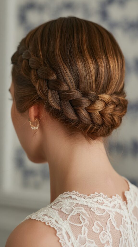 30+ Romantic Bridesmaid Updo Hairstyles with Braid 21 Four Strand Braid Chignon