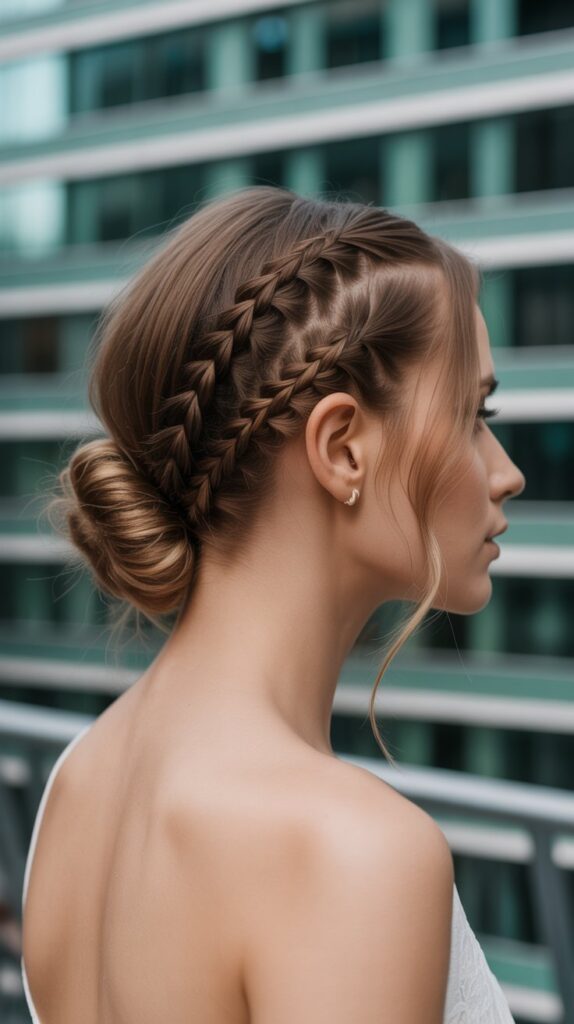 30+ Romantic Bridesmaid Updo Hairstyles with Braid 22 Diagonal Braided Updo