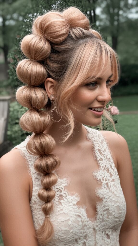 30+ Romantic Bridesmaid Updo Hairstyles with Braid 24 Bubble Braid Bun