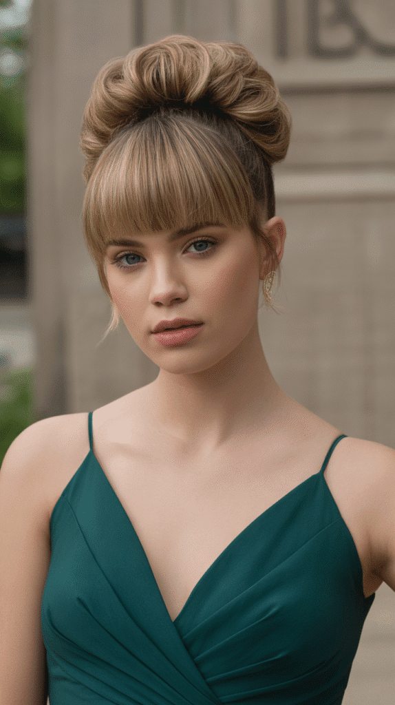30+ Classy Bridesmaid Updo Hairstyles with Bangs 2 Textured High Bun with Blunt Bangs