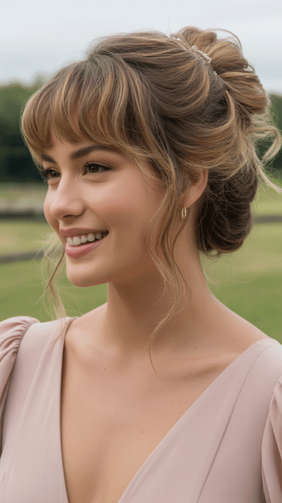 30+ Classy Bridesmaid Updo Hairstyles with Bangs 5 Loose Messy Bun with Baby Bangs