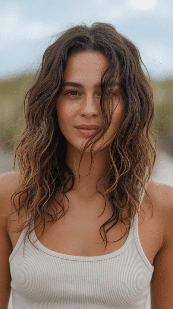Caramel Highlights on Brown Beach Waves with Salt Spray Texture