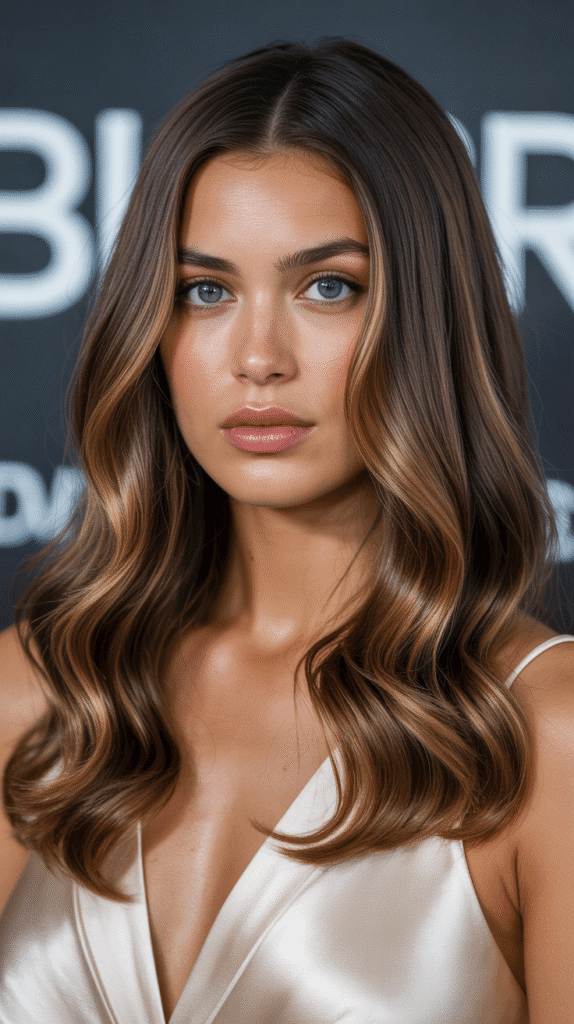 Caramel Highlights with Ribbon Waves on Brown Hair
