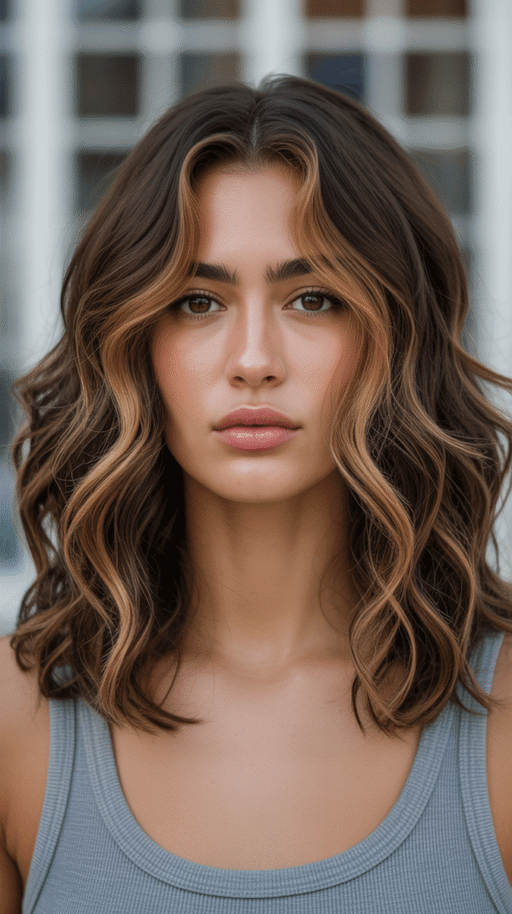 Caramel Money Piece Highlights on Brown Waves