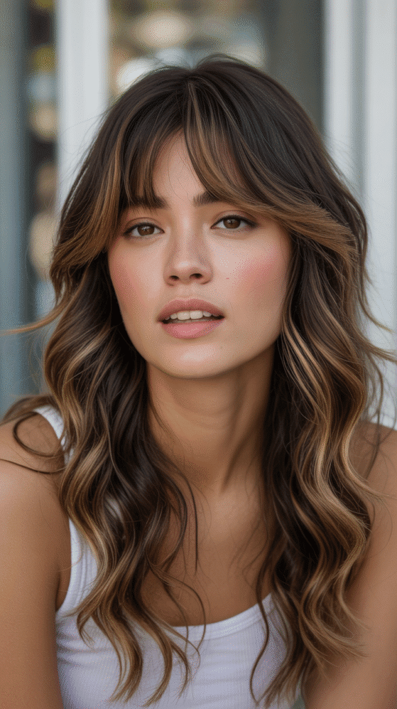  Caramel Highlights with Curtain Bangs on Brown Waves