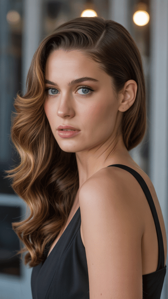 Caramel Highlights on Short Brown Wavy Bob