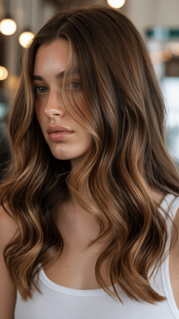 Caramel Highlights on Brown Waves with Glossy Finish