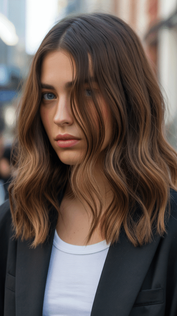 Caramel Highlights on Brown Waves with Blunt Ends