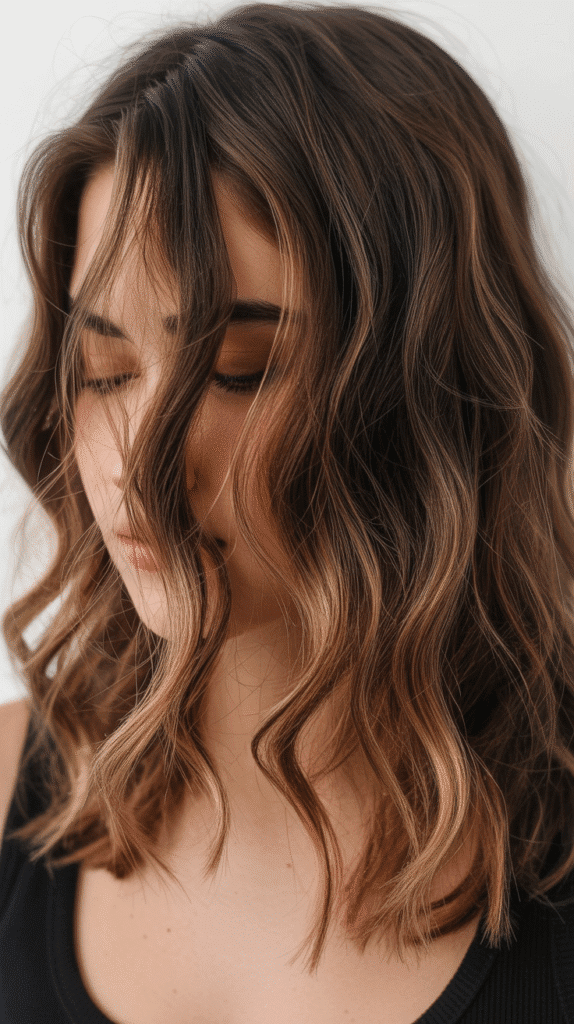 Caramel Highlights on Brown Waves with Textured Ends