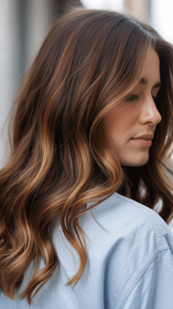 Caramel Highlights with Shadow Root on Brown Waves