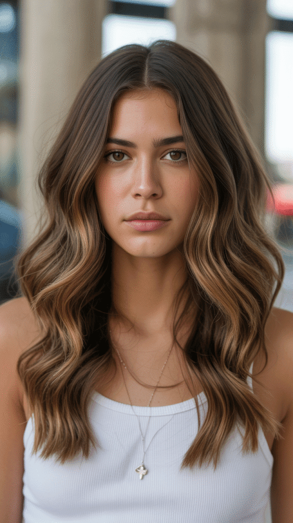  Caramel Highlights on Brown Waves with Middle Part