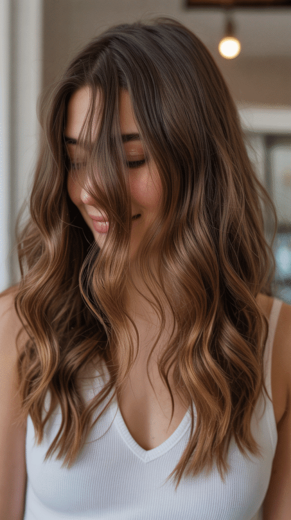  Caramel Peekaboo Highlights Under Brown Waves