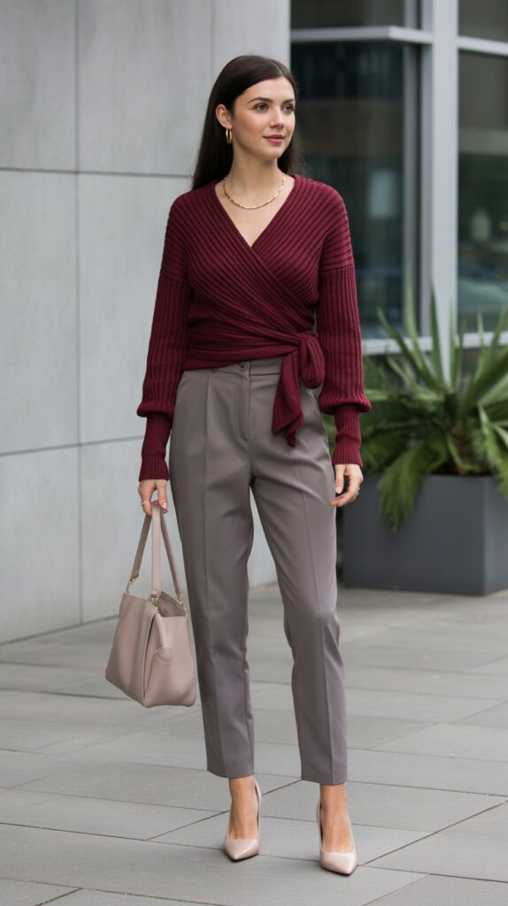 33 Best Casual Fall Outfits for Women at Work 13 Wrap Sweater with High-Waisted Trousers