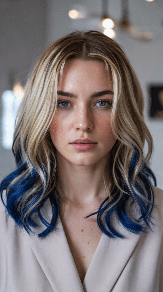 Butter Blonde with Cobalt Blue Face-Framing Streaks