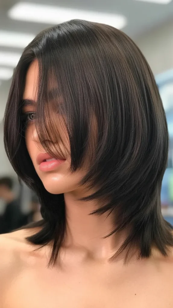 Layered Long Bob with Curtain Bangs and Razored Ends