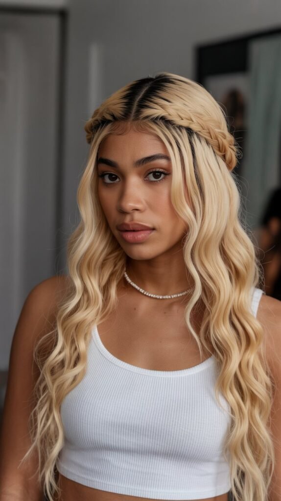 Caramel Blonde Crown Braid with Loose Ends