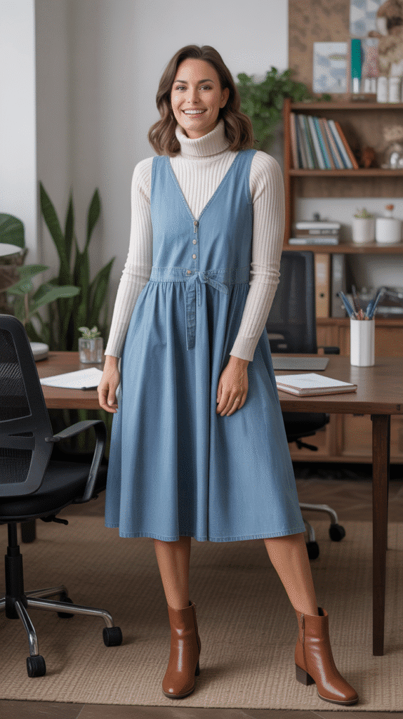 24 Elegant Winter Dress Outfits for Women for Every Occasion 19 Chambray Dress with Layers and Boots