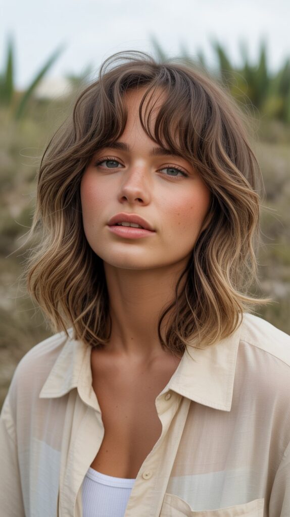 Tousled Long Bob with Messy Curtain Bangs